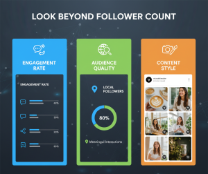Infographic showing engagement rate, audience quality, and content style as key influencer selection metrics