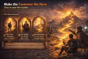 Brand storytelling framework showing customer as hero guided toward success