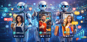 Futuristic AI robots showcasing micro-influencers with follower counts, engagement metrics, and growth analytics