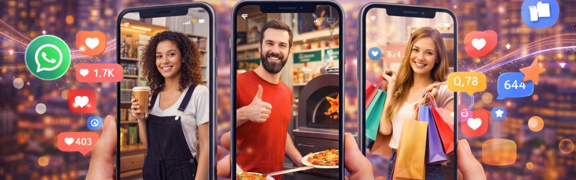 Three smartphones displaying nano-influencers promoting local businesses with engagement icons and social media metrics