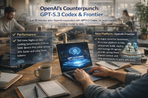 Developer using laptop with GPT-5.3 Codex holographic interface and OpenAI Frontier platform visuals