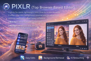 User editing photos in Pixlr AI web editor with background removal and retouch tools