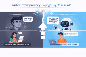 Illustration comparing hidden AI chatbots with transparent AI assistants openly identifying themselves