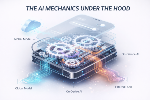 A conceptual 3D diagram of a smartphone with internal gears representing "On-Device AI" processing data. Transparent layers above the phone connect to a "Global Model" cloud icon, showing how a "Filtered Feed" is generated through a combination of local and cloud-based AI.