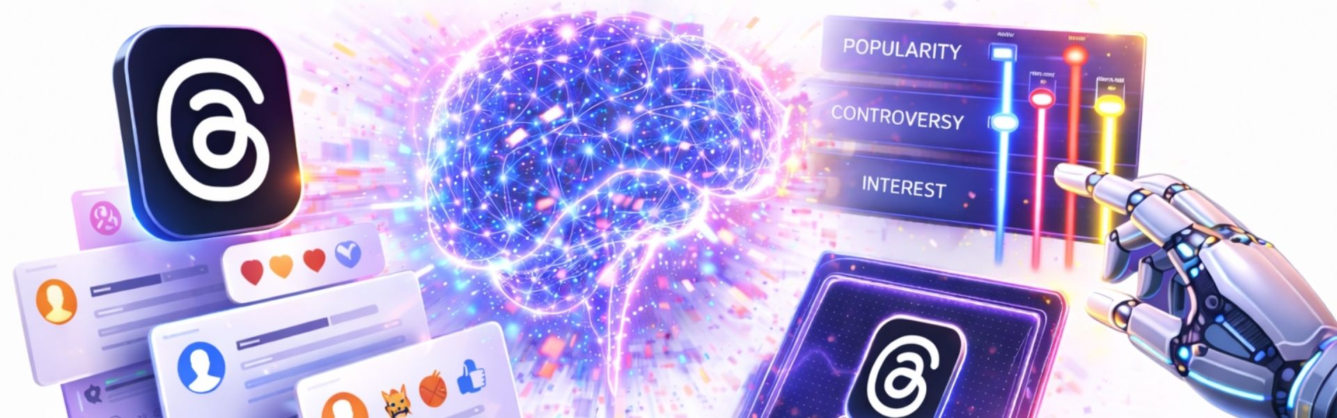 A wide digital illustration featuring a glowing neural network brain in the center, flanked by Threads social media icons, user interface cards with "like" reactions, and a control panel showing sliders for "Popularity," "Controversy," and "Interest" being adjusted by a robotic hand