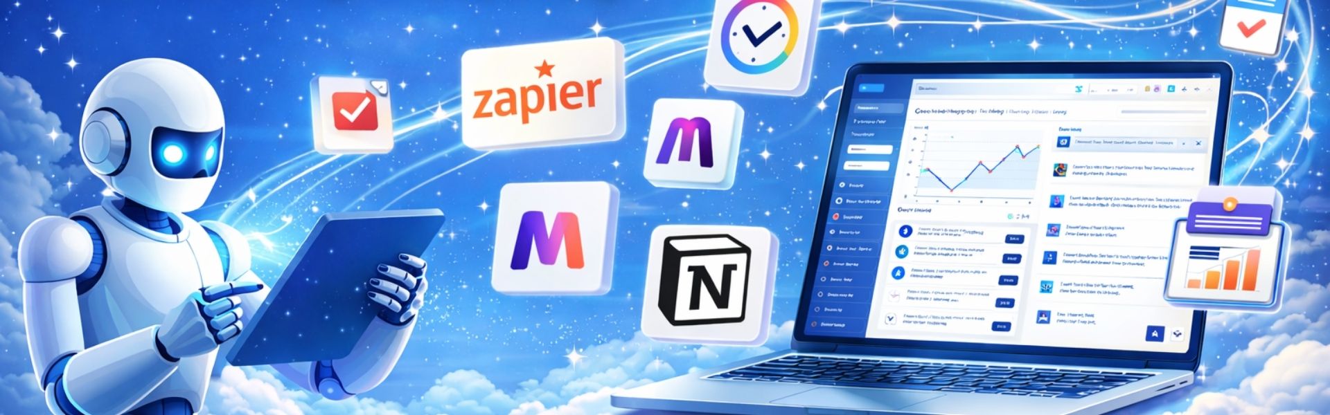 Futuristic illustration of a robot using automation tools connected to a laptop dashboard for scheduling and reporting