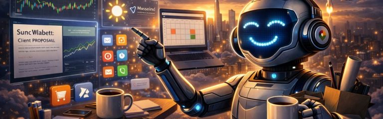 A friendly robot with a glowing smile pointing at a digital dashboard featuring stock market graphs, a client proposal, and productivity apps against a sunset city skyline.