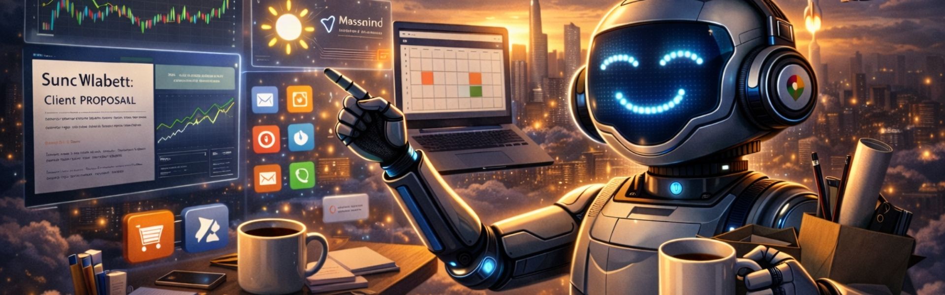 A friendly robot with a glowing smile pointing at a digital dashboard featuring stock market graphs, a client proposal, and productivity apps against a sunset city skyline.