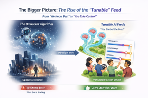 A conceptual infographic illustrating a paradigm shift from "The Omniscient Algorithm" to "Tunable AI Feeds.