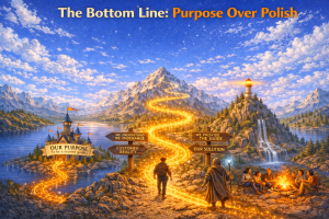 Brand storytelling journey showing purpose over polish with glowing path guiding customers