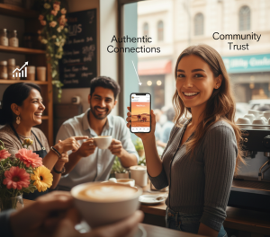 Woman showing a mobile post in a café with friends, representing authentic local influencer connections and community trust