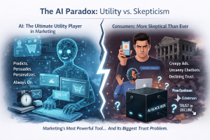 Split illustration showing helpful AI marketing tools on one side and skeptical consumers questioning AI on the other