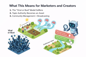 An infographic titled "What This Means for Marketers and Creators" listing three points: the softening of the "Viral or Bust" model, the rise of topic authority, and the priority of community management over broadcasting.