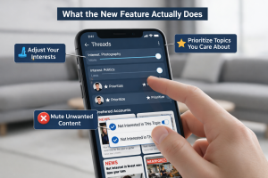 A close-up of a user’s hand interacting with a smartphone screen. The Threads app interface is shown with callouts for "Adjust Your Interests," "Prioritize Topics You Care About," and "Mute Unwanted Content," featuring toggle switches for specific topics like Photography and Politics.