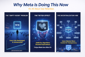 An infographic divided into three panels: "The Empty Room Problem" (disengaged users), "The TikTok Effect" (addictive algorithm fatigue), and "The Decentralization Vibe" (desire for control and Explainable AI).