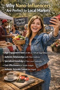 Local influencer taking a selfie at a farmers market promoting authentic community engagement