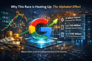 Google logo surrounded by financial charts and AI growth statistics representing Alphabet’s AI investment surge