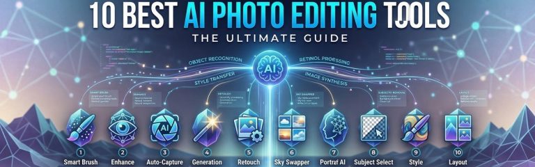 A visual guide to the top 10 AI-powered photo editing tools that automate enhancements, retouching, sky replacement, portrait improvements, and creative styling for professional image editing.