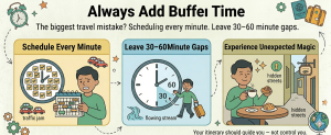 travel itinerary buffer time infographic showing 30 to 60 minute gaps between activities