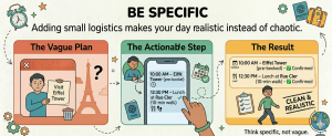 specific travel itinerary example showing vague plan vs actionable steps and clear schedule