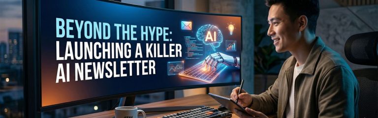 digital marketer creating AI newsletter with analytics and automation tools on screen