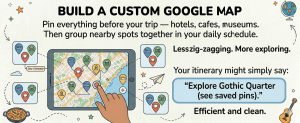 custom google map itinerary with pinned locations for hotels cafes and attractions
