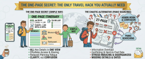 one page itinerary vs multiple pages travel planning comparison infographic