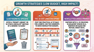 newsletter growth strategies including lead magnets LinkedIn challenge and cross promotion