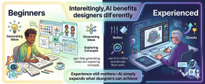 comparison of beginner and experienced designers using AI for idea generation and refinement