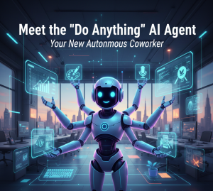 A six-armed robotic agent standing in a modern office, managing multiple holographic screens including creative tools, voice data, and document analysis.