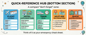 travel itinerary quick reference section with flight hotel train times packing checklist