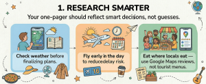 travel research tips infographic including checking weather early flights and local food recommendations