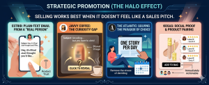 email marketing strategies showing non-salesy promotion using curiosity social proof and storytelling