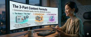 AI newsletter content formula showing news insights actionable tactics and curated tools on screen