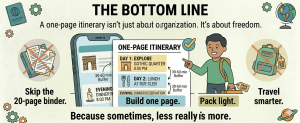 one page itinerary benefits infographic showing simplified travel planning and reduced clutter