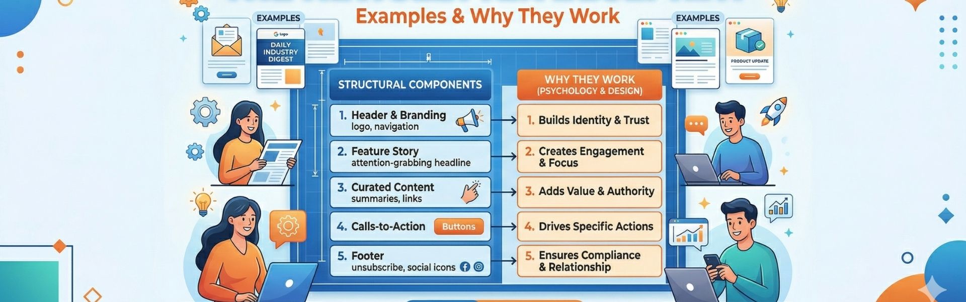 newsletter structure diagram showing header content cta and footer with explanation of why each element works