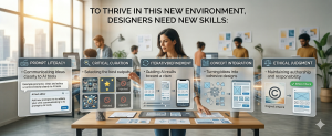 design skills infographic including prompt literacy critical curation iterative refinement concept integration and ethical judgment