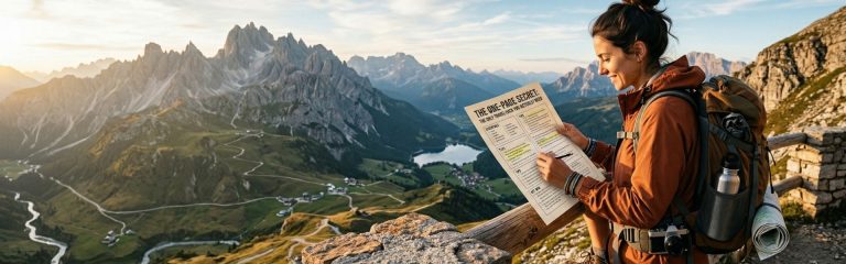 female traveler reading travel itinerary map overlooking mountains and valley landscape