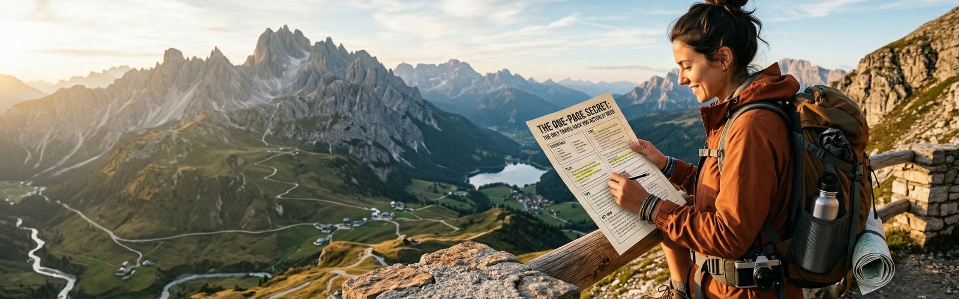 female traveler reading travel itinerary map overlooking mountains and valley landscape