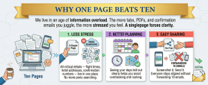 infographic showing benefits of one page itinerary including less stress better planning and easy sharing