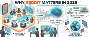 reddit importance infographic showing niche communities AI data relevance fact checking and cultural influence