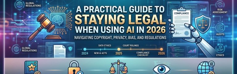 Digital illustration showing AI compliance, legal regulations, privacy laws, and ethical AI governance in 2026.
