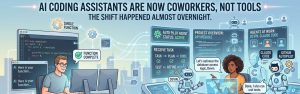 Illustration showing developers collaborating with AI coworkers like Devin, Claude Code, and GitHub Copilot.