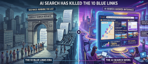 Comparison infographic showing the transition from traditional Google search results to AI-powered answer interfaces and conversational search.
