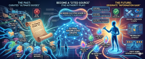 Infographic showing how original research, proprietary datasets, and first-hand insights help brands become trusted AI-cited sources