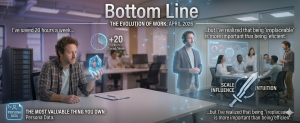 Futuristic workplace scene showing a professional using an AI personal twin to save time while focusing on influence, intuition, and human value.