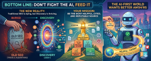 Futuristic infographic explaining how traditional SEO is evolving into AI-driven discovery and citation-based content visibility in 2026.