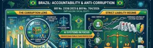 Infographic illustrating Brazil’s AI accountability laws focused on anti-corruption and public fund protection.