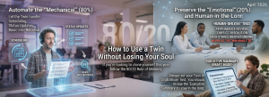 Professional infographic explaining the 80/20 rule for AI personal twins by automating repetitive work while preserving emotional and human decision-making.