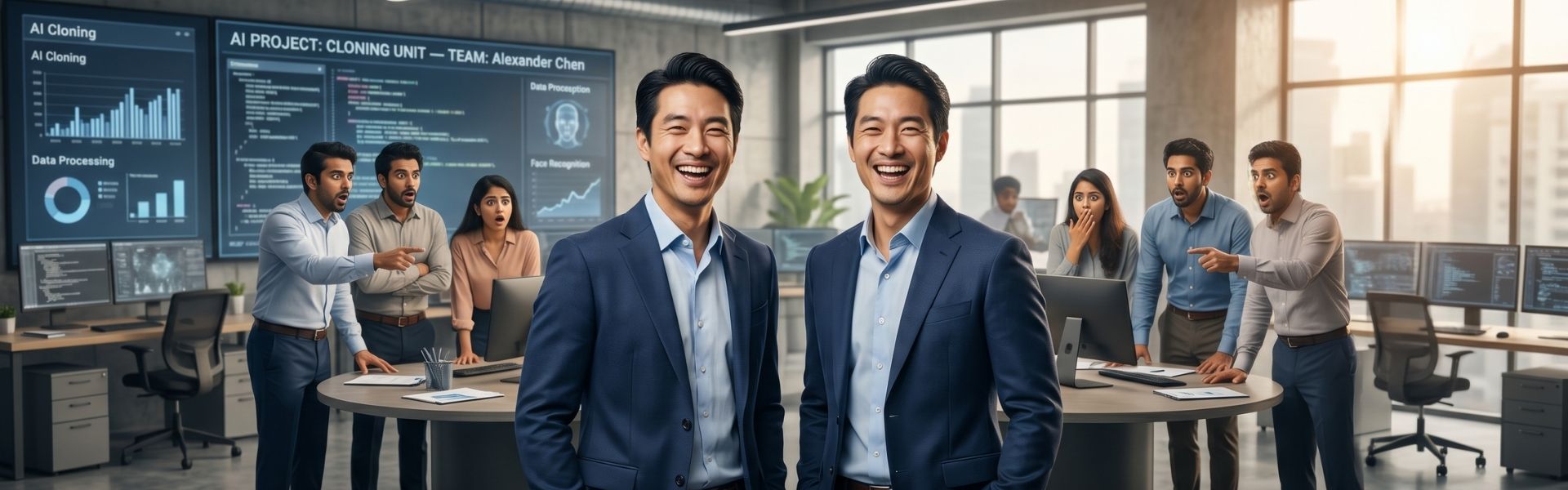 Two identical professionals standing together in an office while coworkers react in shock to an AI cloning experiment.